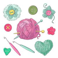 A set of knitted clothes clew knitting needles. Hand drawing. Vector illustration