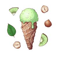Set of kiwi nuts ice cream. Hand drawing. Vector illustration