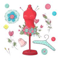 Set of mannequin sewing accessories. Hand drawing. Vector illustration