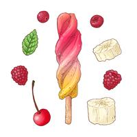 Set de helado de frambuesa cereza y plátano. Dibujo a mano. Ilustración vectorial vector