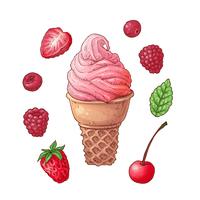 Conjunto helado de fresa frambuesa y cereza. Dibujo a mano. Ilustración vectorial vector