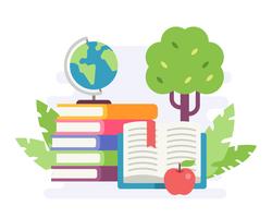 Illustration of a stack of books with an apple and mini globe in nature background. Flat style illustration vector