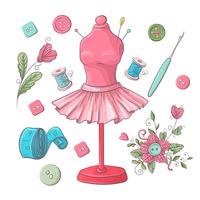 Set of mannequin sewing accessories. Hand drawing. Vector illustration