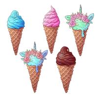 Set colorful ice cream unicorn, hand drawing. Vector illustration