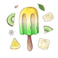 Set of kiwi banana lemon ice cream. Vector illustration. Hand drawing