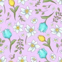 Seamless pattern of daffodils tulips. Hand drawing vector illustration