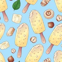 Seamless pattern ice cream fruit nuts. Vector illustration. Hand drawing