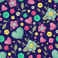 Seamless pattern handmade knitted flowers and elements and accessories for crocheting and knitting vector