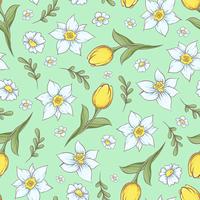 Seamless pattern of daffodils tulips. Hand drawing vector illustration