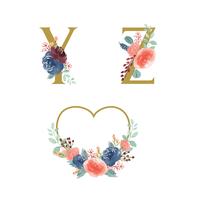 Gold Alphabet florals set collection, Blue-red rose and pink peony flowers bouquets, Design for wedding invitation, celebrate marriage, Thanks card decoration vintage illustration vector