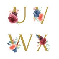 Gold Alphabet florals set collection, Blue-red rose and pink peony flowers bouquets, Design for wedding invitation, celebrate marriage, Thanks card decoration vintage illustration