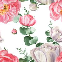 Peony flowers watercolo Pattern seamless floral botanical watercolour style vintage textile, aquarelle blossom design decor invitation card vector illustration.