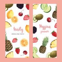 Tropical fruits menu design, passionfruit summer watermelon mango, strawberry, orange, fresh and tasty frame, banner, card design vector illustration.