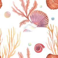 Sea shell marine life pattern seamless, travel vacation summertime on the beach ,aquarelle textile isolated, vector illustration Color Coral.