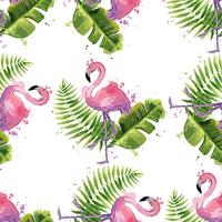 Vector pink flamingo with exotic tropical leaves. Seamless pattern.
