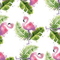 Vector pink flamingo with exotic tropical leaves. Seamless pattern.