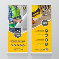 Construction tools roll up design, standee and banner template decoration for exhibition, printing, presentation vector illustration