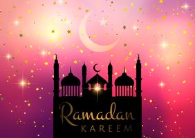 Fondo de Ramadán Kareem con silueta de mezquita sobre fondo estrellado vector