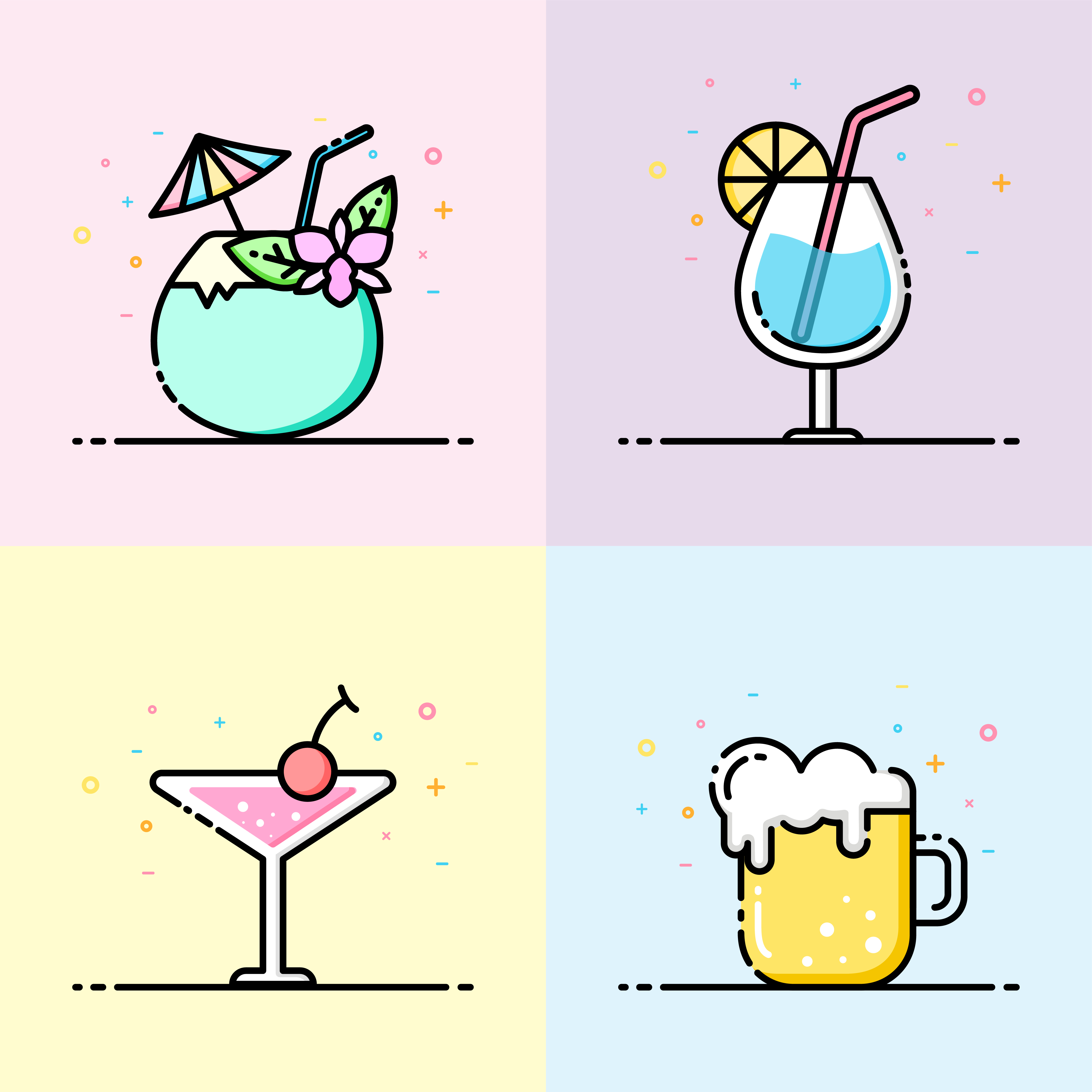 Drink Icon Collection Pastel Color In Flat Line Style The Set