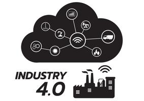 Icono del concepto de la industria 4.0, red de Internet de las cosas, solución de fábrica inteligente, tecnología de fabricación, robot de automatización con fondo gris vector
