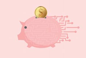 Electronic piggy bank with golden coin over pink background. vector illustration