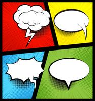 Colorful comic book background with blank white speech bubbles of different shapes in pop-art style. Rays, radial, halftone, dotted effects. vector