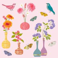 flower vases butterfly and  bird vector graphics