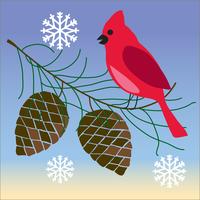 cardinal bird on pinecone branch with snowflakes vector