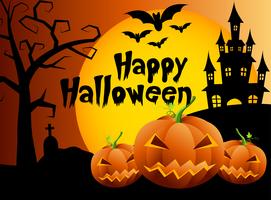 Calabazas de Halloween y castillo oscuro en el fondo, ejemplo del diseño de mensaje del feliz Halloween. vector
