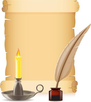 old paper conflagrant candle and feather with inks
