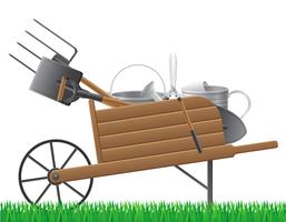 wooden old retro garden wheelbarrow with tool vector illustration