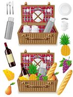 Cesta para un picnic con vajilla y alimentos. vector