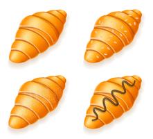 set icons of fresh crispy croissants with sesame seeds chocolate and powdered sugar vector illustration