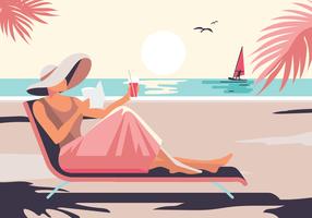 Mujer relajada disfrutando del sol mientras se relaja en la playa vector