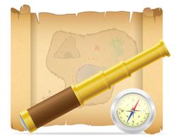 pirate treasure map and telescope with compass vector illustration