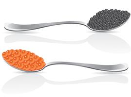 Caviar rojo y negro en cuchara vector