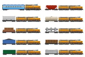 conjunto de iconos tren ferroviario con locomotora y vagones vector ilustración