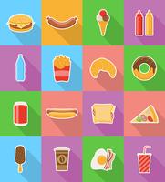 Iconos planos de comida rápida con la ilustración de vector de sombra