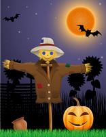 halloween pumpkin and scarecrow in the night sky vector