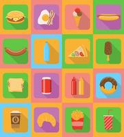 Iconos planos de comida rápida con la ilustración de vector de sombra