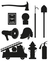 set icons of firefighting equipment black silhouette vector illustration