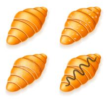 establezca los iconos de croissants crujientes frescos con semillas de sésamo, chocolate y azúcar en polvo, ilustración vectorial vector