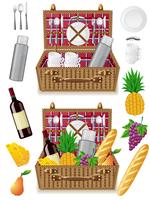 basket for a picnic with tableware and foods vector
