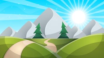 Travel day cartoon landscapen. Mountain, fir, road illustation.  vector