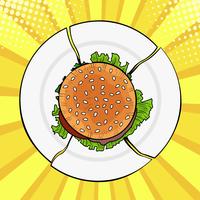 Hamburguesa en un plato roto, comida rápida pesada. Dieta y alimentación saludable. Ilustración de vector colorido en estilo cómic retro del arte pop