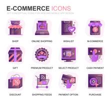 Moderno conjunto de iconos planos de comercio electrónico y degradado comercial para aplicaciones web y móviles. Contiene iconos como Entrega, Pago, Cesta, Cliente, Tienda. Icono plano de color conceptual. Pack de pictogramas vectoriales. vector