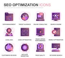 Modern Set Seo and Web Optimization Gradient Flat Icons for Website and Mobile Apps. Contains such Icons as Target, Marketing, Traffic Growth. Conceptual color flat icon. Vector pictogram pack.