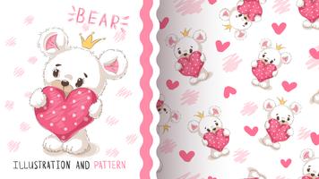 Bear with heart - seamless pattern. vector