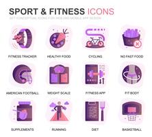 Moderno conjunto de iconos de gradiente deportivo y de fitness para sitio web y aplicaciones móviles. Contiene iconos como Fit Body, Swimming, Fitness App, Suplementos. Icono plano de color conceptual. Pack de pictogramas vectoriales.