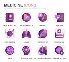 Modern Set Healthcare and Medicine Gradient Flat Icons for Website and Mobile Apps. Contains such Icons as Doctor, Hospital, Medical Equipment. Conceptual color flat icon. Vector pictogram pack.